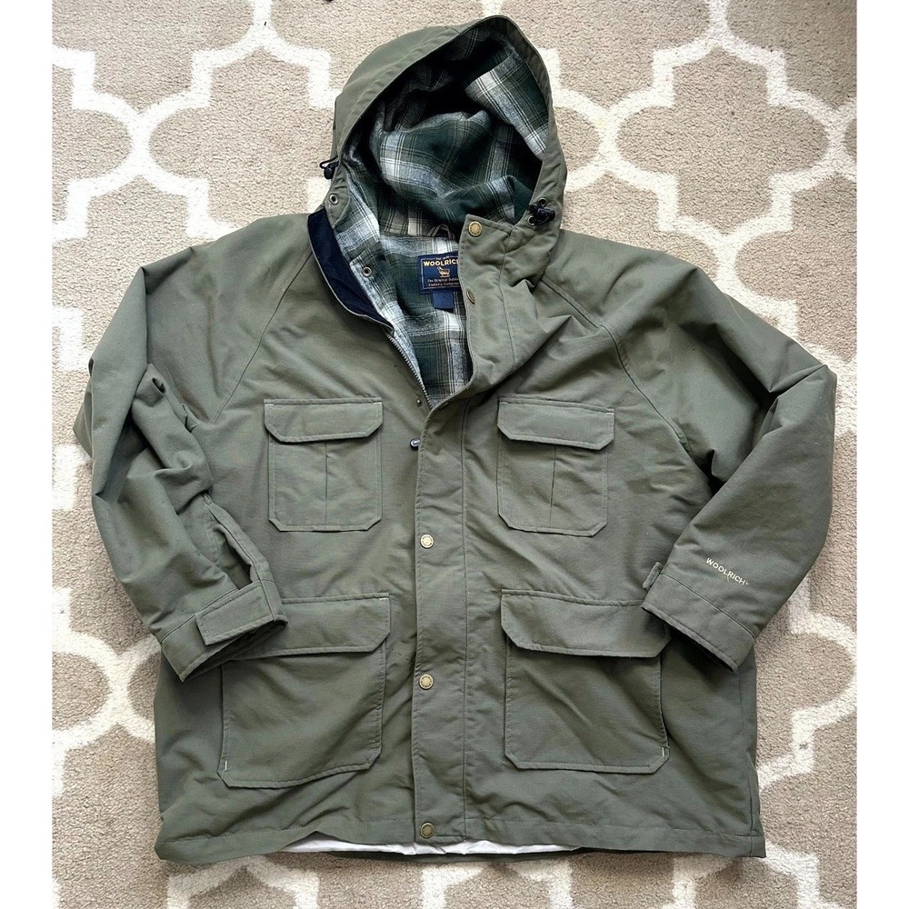 Vintage Woolrich Parka Jacket Mens 2XL Olive Green Flannel Lined Hooded Full Zip